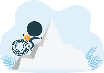 Businessmen fight from obstacle problems. Businessmen carry a big blue ball and step up the mountain. pushing the problem of chaos concept
