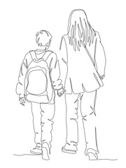 Woman with child boy commuting to school. Son with backpack. Back view. Continuous line drawing. Black and white vector in line art style.
