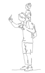 Man with backpack and child girl sitting on shoulders using phone. Side view.  Continuous line drawing. Black and white vector illustration in line art style.