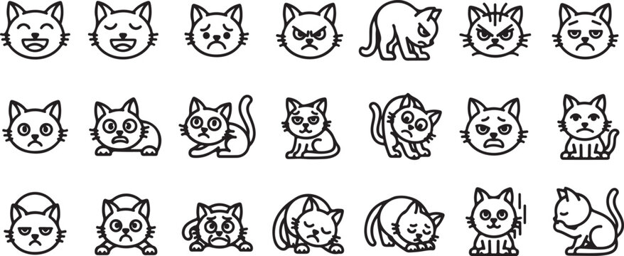 Vector art of collection of cat emoticons showing various emotions and actions, isolated on white background