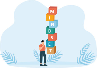 Businessman holding the word MINDSET with in the form of stacked blocks. Think growth mindset concept,
