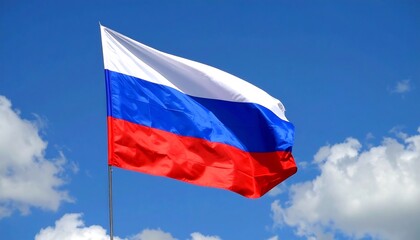 Russian flag waving in a clear blue sky