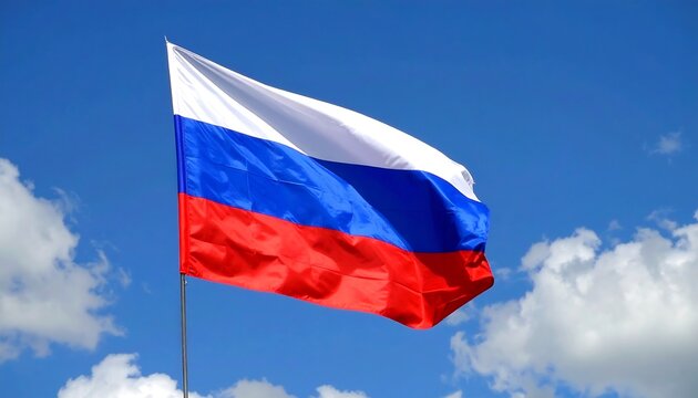 Russian flag waving in a clear blue sky