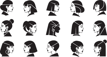 Fototapeta premium Vector art of collection of diverse female hairstyles in profile view, showcasing various lengths, styles, and accessories, isolated on a clean white background
