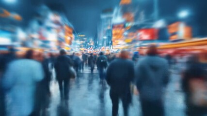 Crowd of people blurred in motion on a rainy night in a city with busy street. - Powered by Adobe