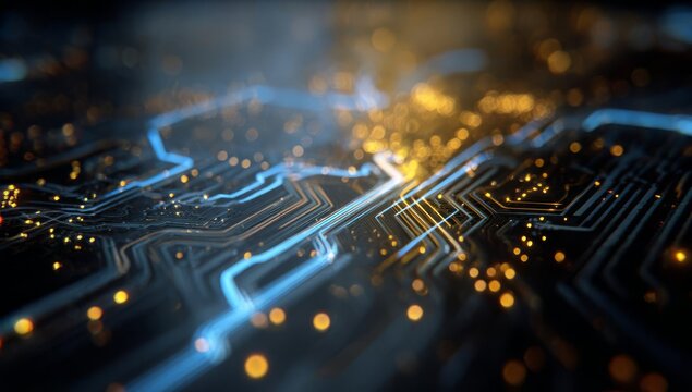 A vibrant closeup of a circuit board glowing with electric blue lines and warm golden lights showcasing technology in action