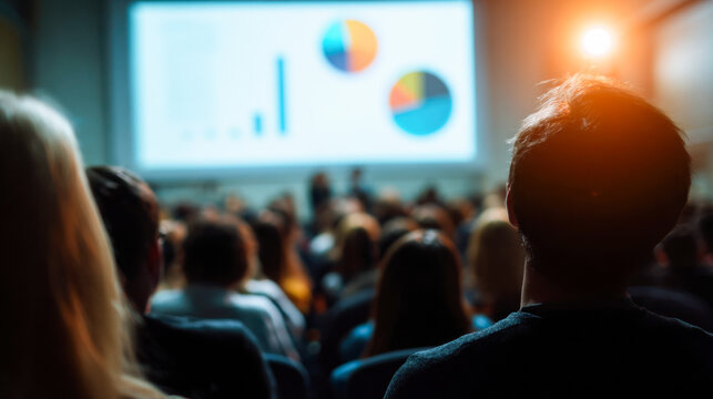 Soft blurred silhouettes of students engaged in an informative presentation during evening session