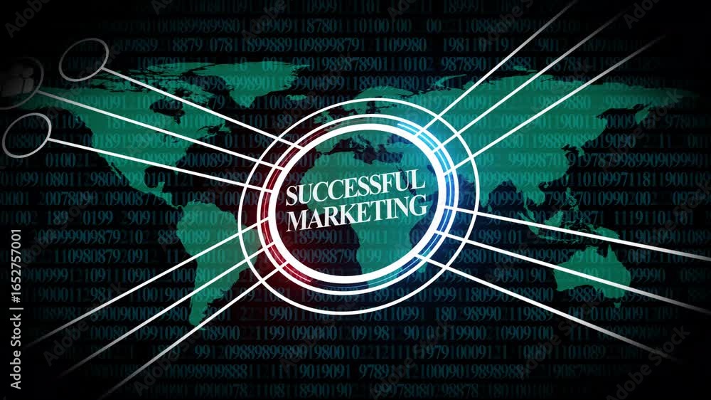 Poster digital world map with glowing blue concentric circles and binary code overlay global technology
