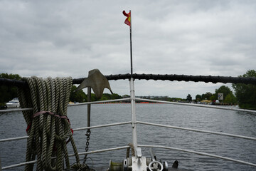 Nottingham Princess, England - August 16 2025: River cruise bow view with anchor and rope on...