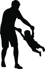 Silhouette of adult swinging child by arms, joyful family moment, playful bonding, black and white vector, outdoor fun, stock illustration.
