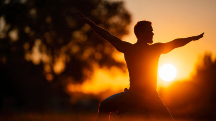 Man stretches in silhouette against a warm sunset backdrop in an outdoor environment