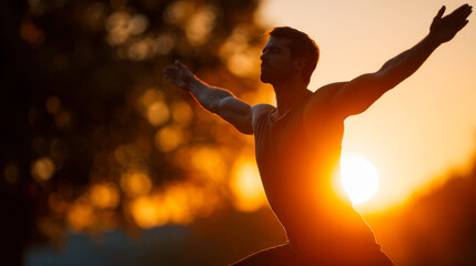 Man stretching in silhouette at sunset in a tranquil outdoor setting, embracing relaxation