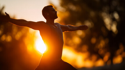 Silhouette of a man stretching at sunset in a serene outdoor setting