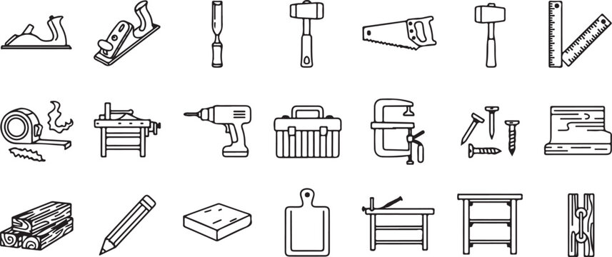 Vector art of collection of woodworking and carpentry tools, isolated on white background