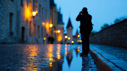 Silhouette of a traveler capturing the essence of a cobbled street under evening lights