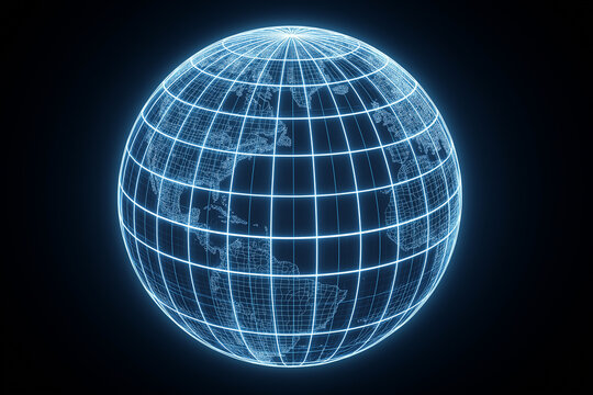 Luminous blue digital globe with latitude and longitude lines showing continents futuristic style glowing black background