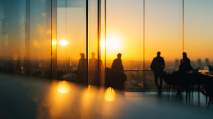 Stylish coworking space with panoramic skyline views during sunset hours