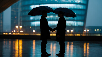 Two silhouettes shaking hands under umbrellas in the city during rain at night