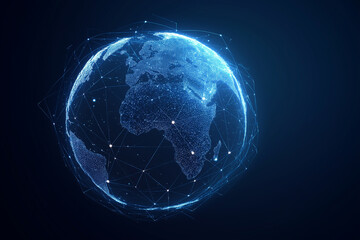 Naklejka premium Digital blue luminous globe with network connections and glowing points, representing global communication and technology
