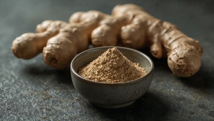 Close up of fresh ginger root and ginger powder in a bowl on a dark textured surface in soft lighting