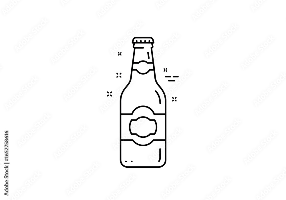 Poster outline drawing of a bottle with a label and cap on a white background in a simple vector style