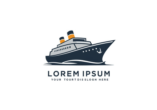 A cruise ship logo design with a dark blue hull and orange and black smokestacks on a white background