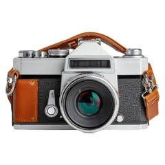 Vintage Camera With Brown Leather Strap on Transparent Background