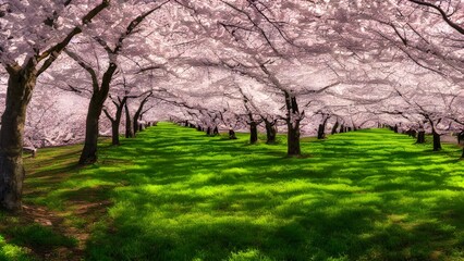 Cherry blossoms bloom in a park, their pink flowers a vibrant spectacle against the blue sky