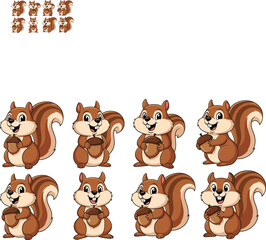 Cartoon squirrel character set, holding acorn, cute woodland animal, happy expression, fluffy tail, front and side view, vector illustration, children's clip art