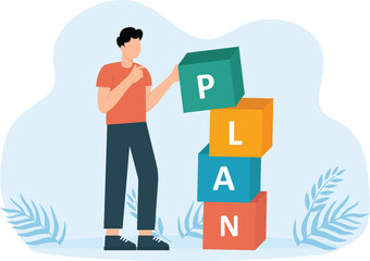 businessman holding alphabets forming the word PLAN Creative cartoon for teamwork in working on a business plan concept
