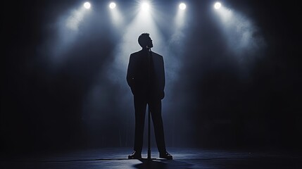 Fototapeta premium Silhouette of singer on stage in spotlights. Banner design