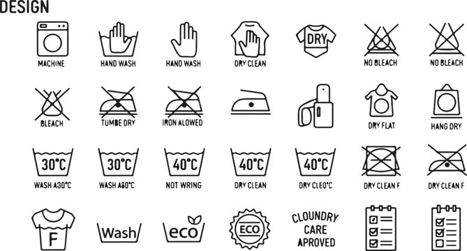 Vector art of collection of laundry care symbols and washing instructions, including temperature, drying, ironing, and cleaning symbols, isolated on white background
