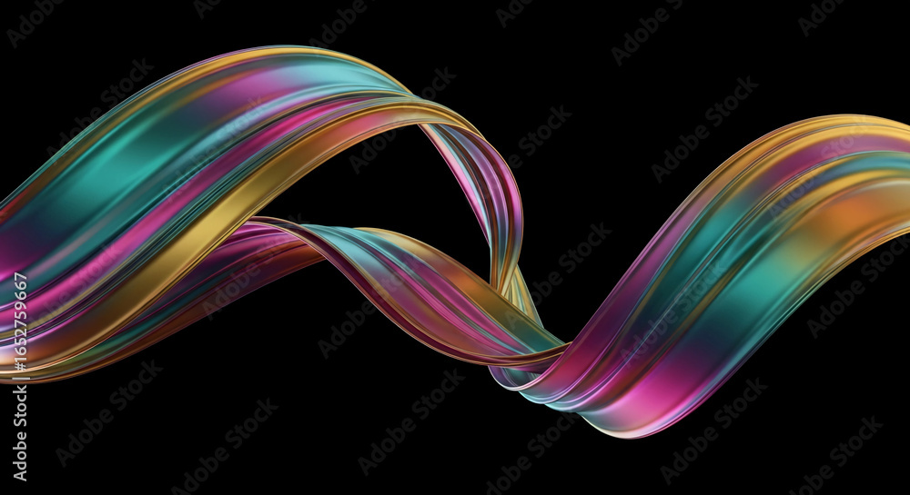 Poster abstract image of iridescent, flowing ribbons against a black background, creating a dynamic and ele