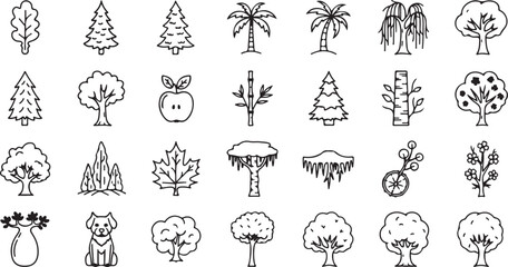 Fototapeta premium Vector art of collection of handdrawn tree icons and nature elements, including various tree types, leaves, flowers, and a dog, isolated on a white background