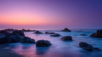 Beach sunset with pink purple orange gradient sky and rocks in waves, travel destination backdrop, luxury resort promotion, lifestyle brand social media

