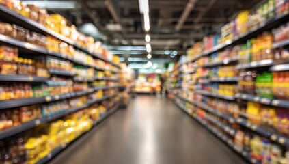 Fototapeta premium Blurred Supermarket Shelves Background with Bright Lights, Panoramic View, Ample Space for Design and Banner
