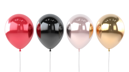 Assorted Metallic Balloons in Red, Black, Silver, and Gold on Transparent Background for Events