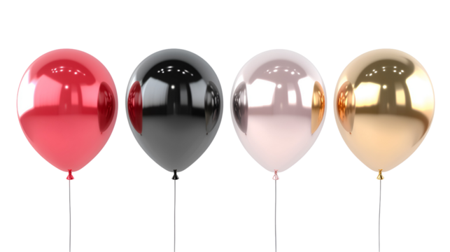 Assorted Metallic Balloons in Red, Black, Silver, and Gold on Transparent Background for Events