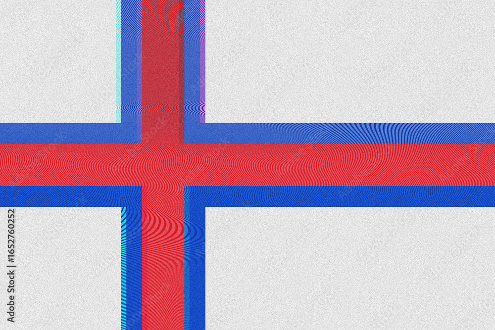 Poster abstract depiction of a flag resembling a nordic cross with red and blue stripes against a white fie