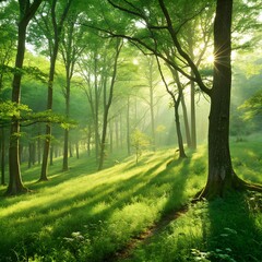 Morning sunlight in a misty forest park with trees and green path