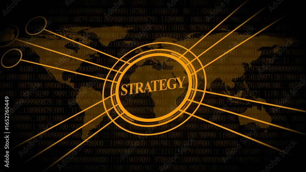 Poster digital world map with glowing strategy circle and binary code overlay in orange global business