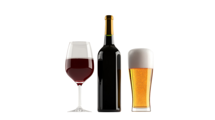 Beverages Still Life with Glass of Red Drink, Bottle, and Glass of Beer on Transparent Backdrop