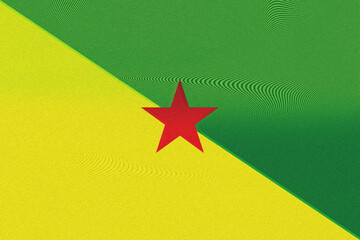 An abstract representation of the flag for French Guiana, this geometric image features a bright yellow triangle adjacent to a green triangle with a red star at the intersection point.