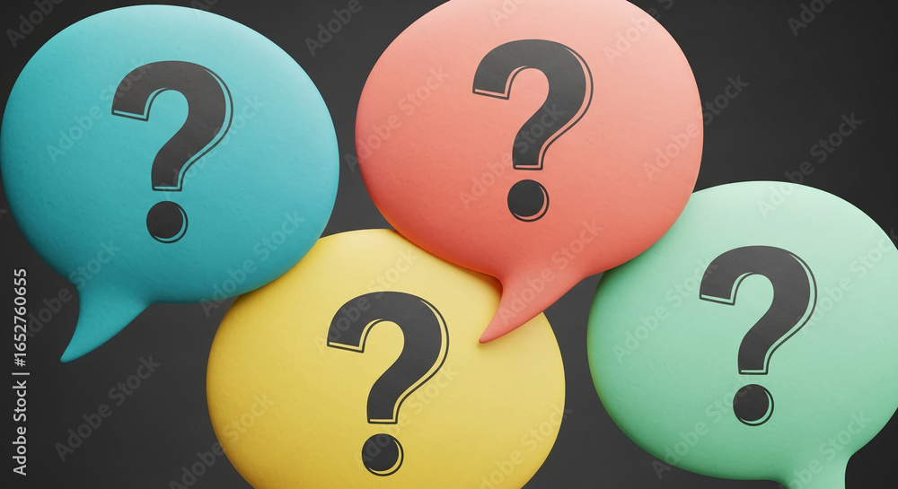 Aufkleber four colorful speech bubbles with question marks, illustrating inquiry, questions, and seeking answe