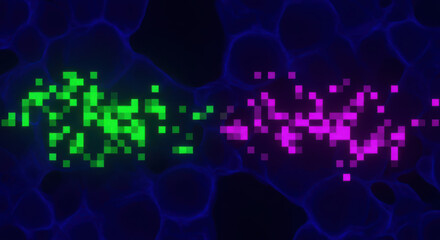 Abstract Digital Art with Glowing Green and Pink Pixel Clusters image photo