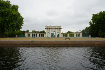 Nottingham Princess, England – August 16 2025: War Memorial at Victoria Embankment with river...