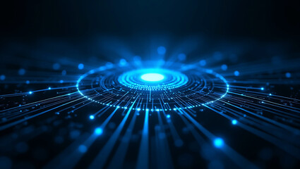 Abstract glowing blue digital circuit board with radiating light beams on a dark background