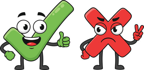 Funny cartoon green check mark and red cross mark characters, happy positive tick, angry negative cross, approval rejection symbols, smiling thumbs up, sad peace sign
