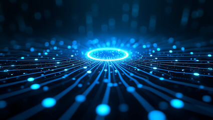 Abstract glowing blue digital circuit board with a central pulsating energy ring and radiating data streams