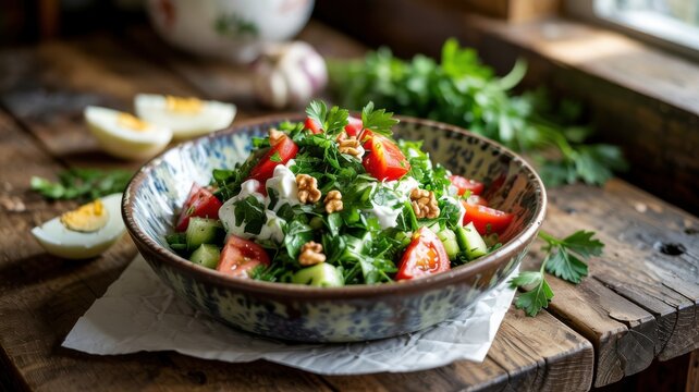 Parsley salad with creamy yogurt, diced cucumbers and tomatoes. Salad sprinkled with chopped walnuts and garlic cloves. The dish is decorated with sprigs of fresh parsley and slices of eggs.